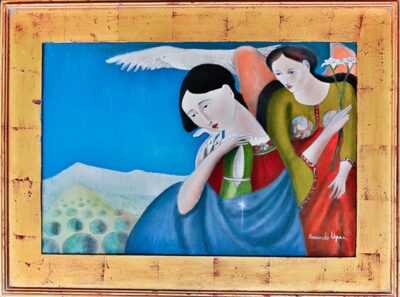La Anunciación – The Annunciation – oil on canvas – 20″ x 30″ . Completed 2012 by Mexican artist Armando Adrian-López. This narrative painting depicts the New Testament story of the Archangel Gabriel’s visitation to Maria"